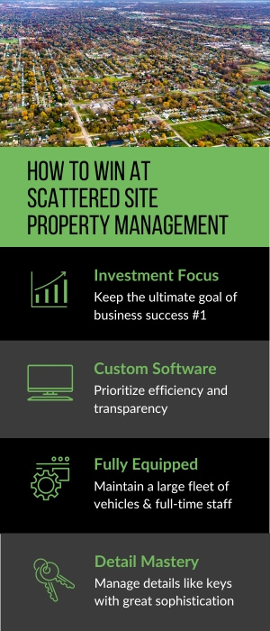 4 keys to scattered site property management are outlined in an infographic that discusses investment focus, custom software, being fully equipped, and mastering details like keys